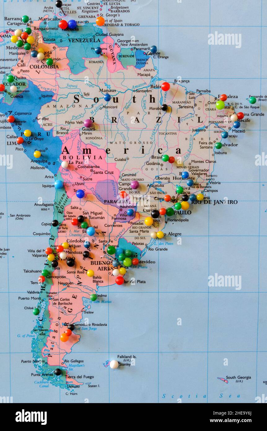 Map of South America with locatons marked with coloured pins Stock Photo