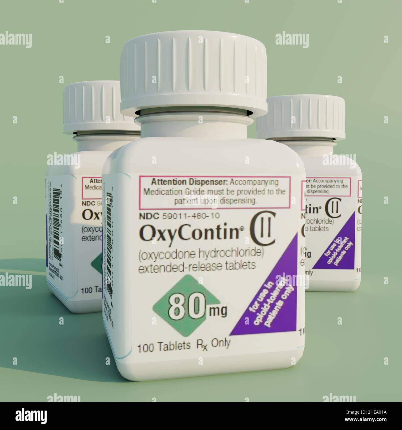 OxyContin bottles on flat surface. 3D rendering illustration. Stock Photo