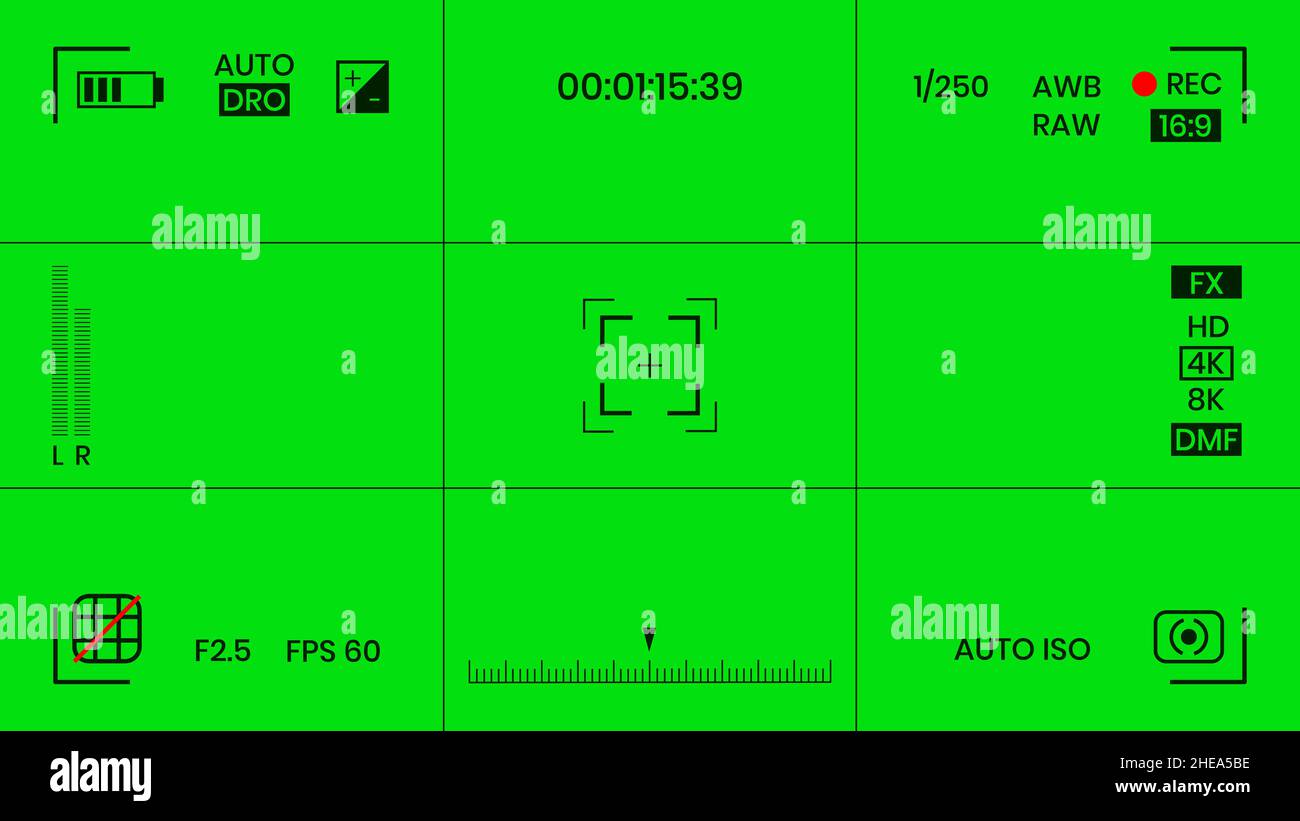 Green colored chroma key camera rec frame viewfinder overlay background