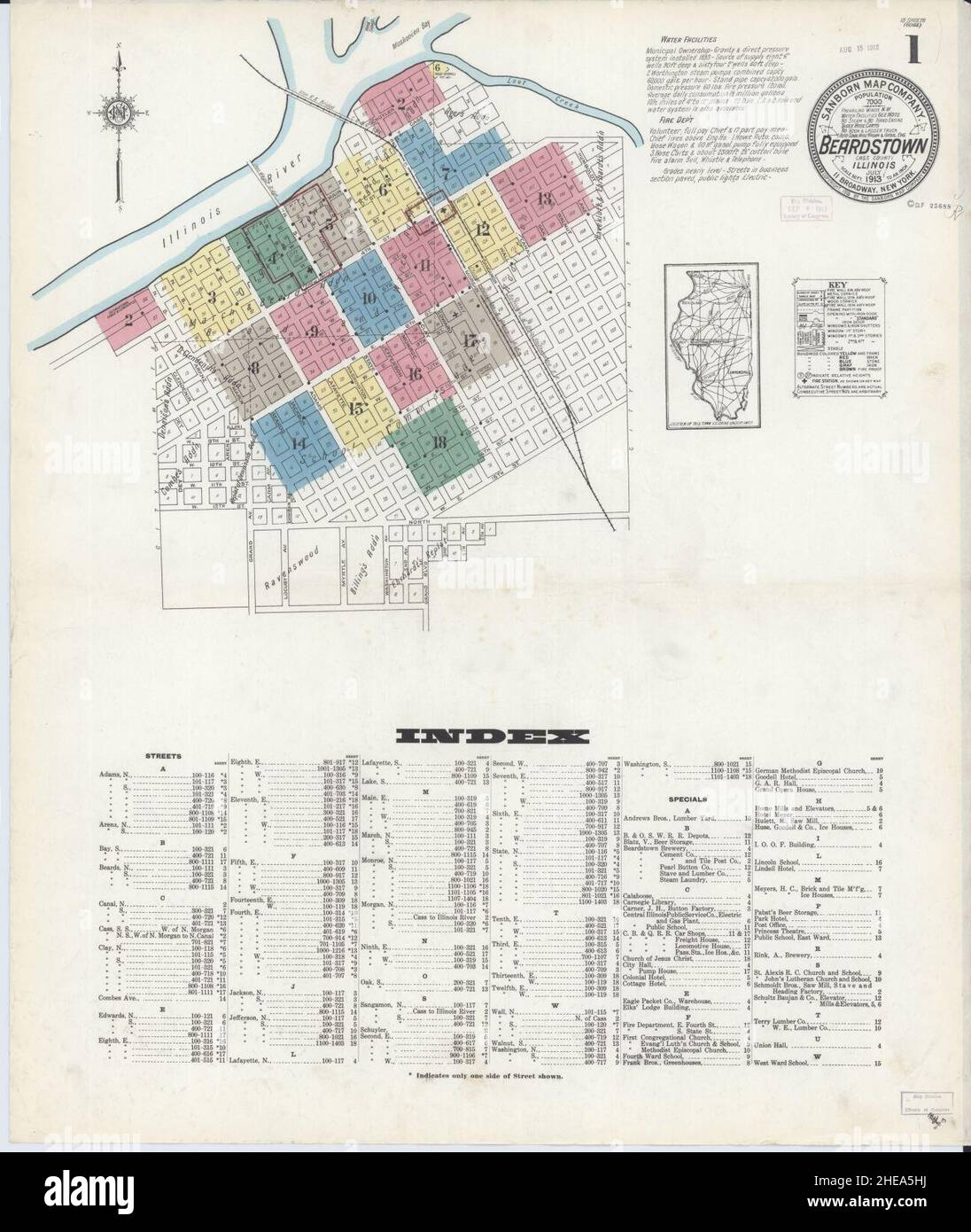 Sanborn Fire Insurance Map from Beardstown, Cass County, Illinois Stock