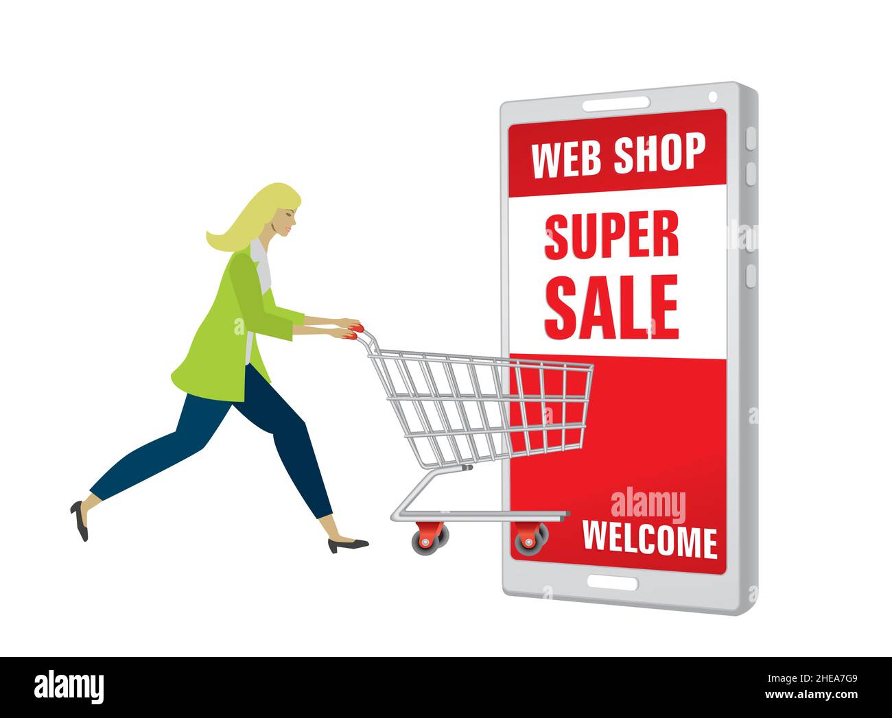 Woman with shopping chart, trolley running in to web shop. Vector illustration. EPS10. Stock Vector