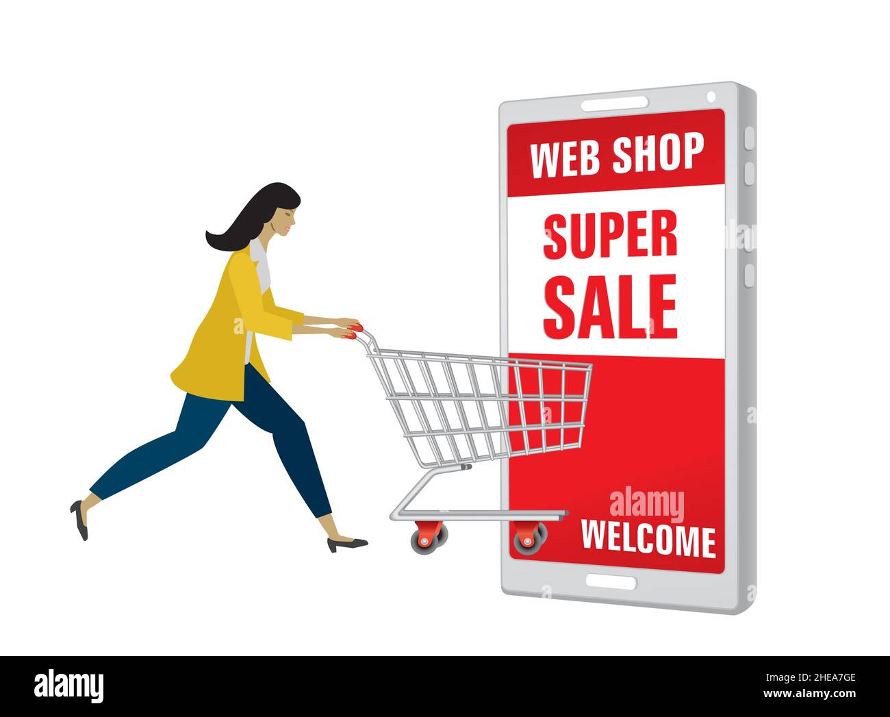 Woman with shopping chart, trolley running in to web shop. Vector illustration. EPS10. Stock Vector
