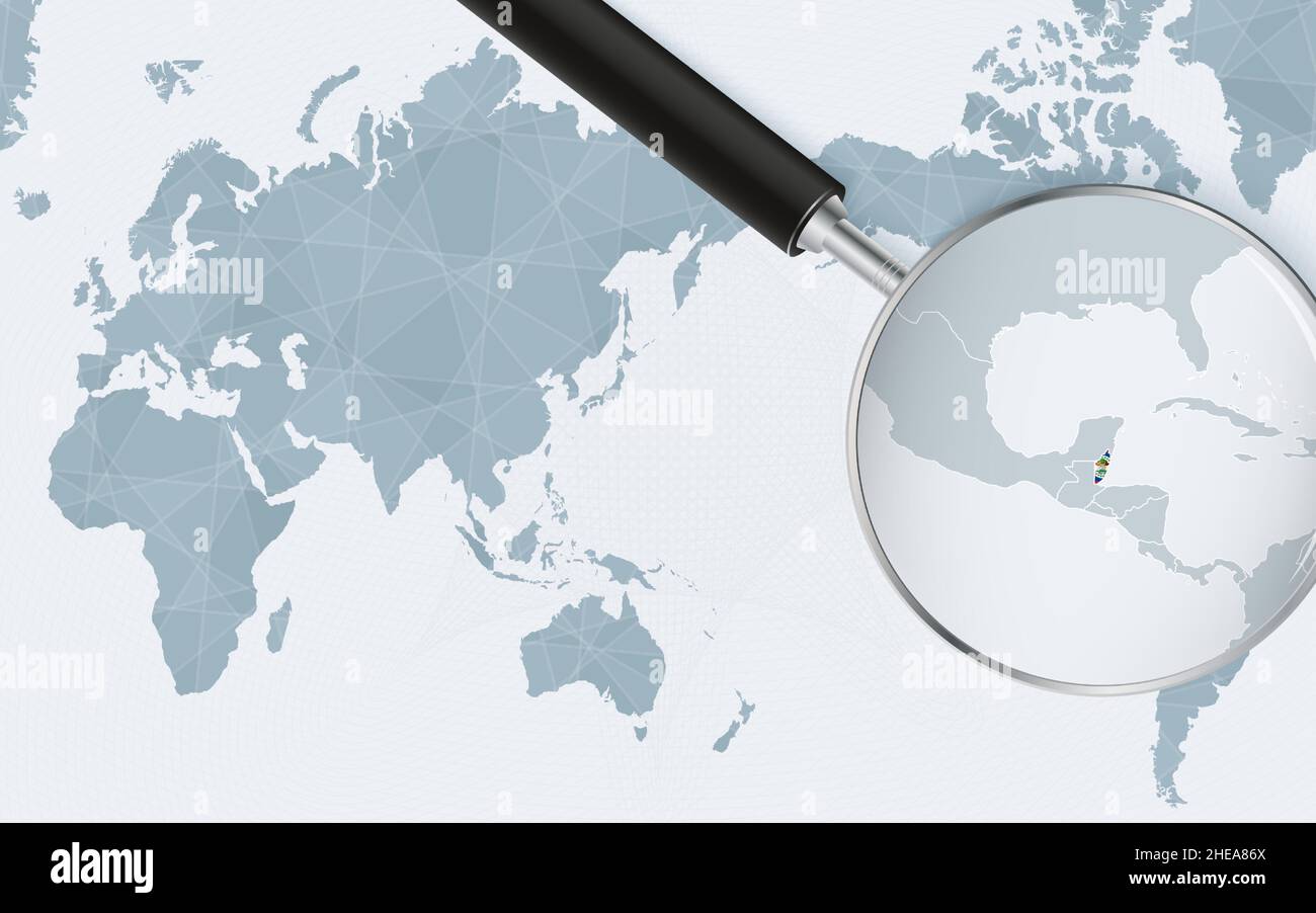 Asia centered world map with magnified glass on Belize. Focus on map of ...