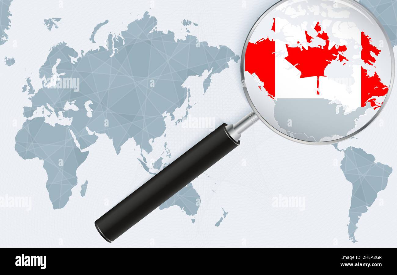 Asia centered world map with magnified glass on Canada. Focus on map of ...