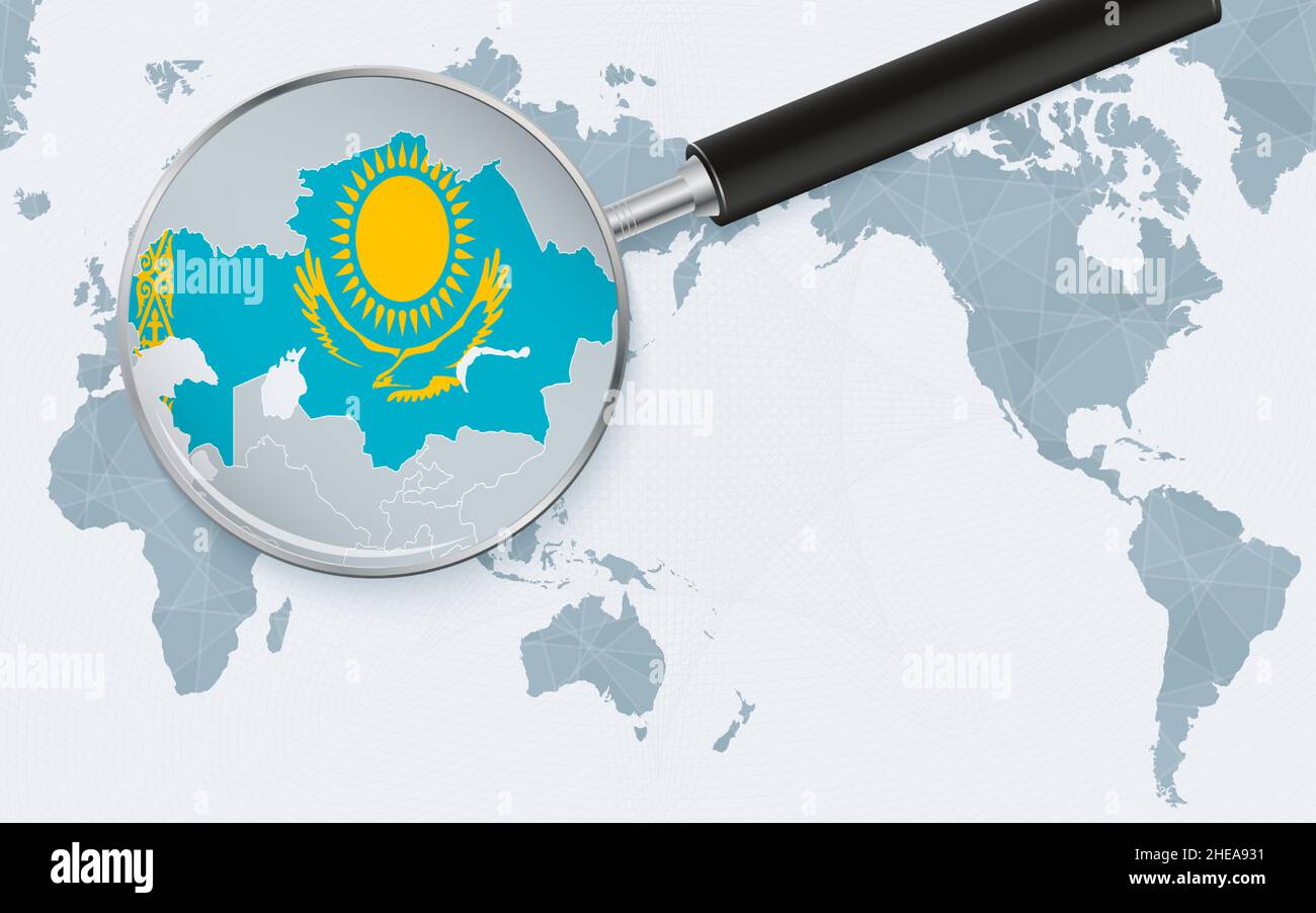 Asia centered world map with magnified glass on Kazakhstan. Focus on ...