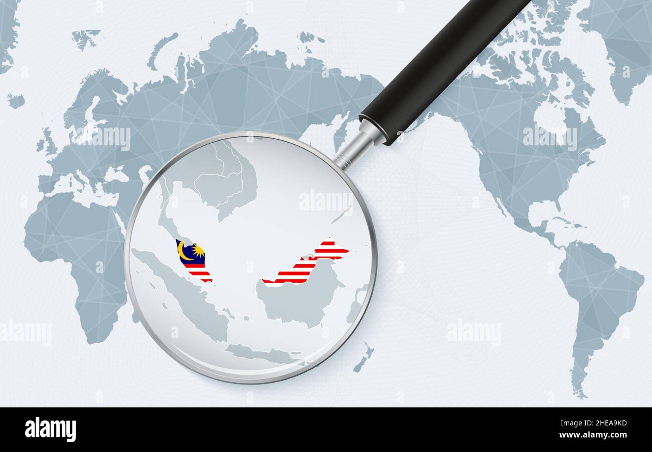 Asia centered world map with magnified glass on Malaysia. Focus on map ...