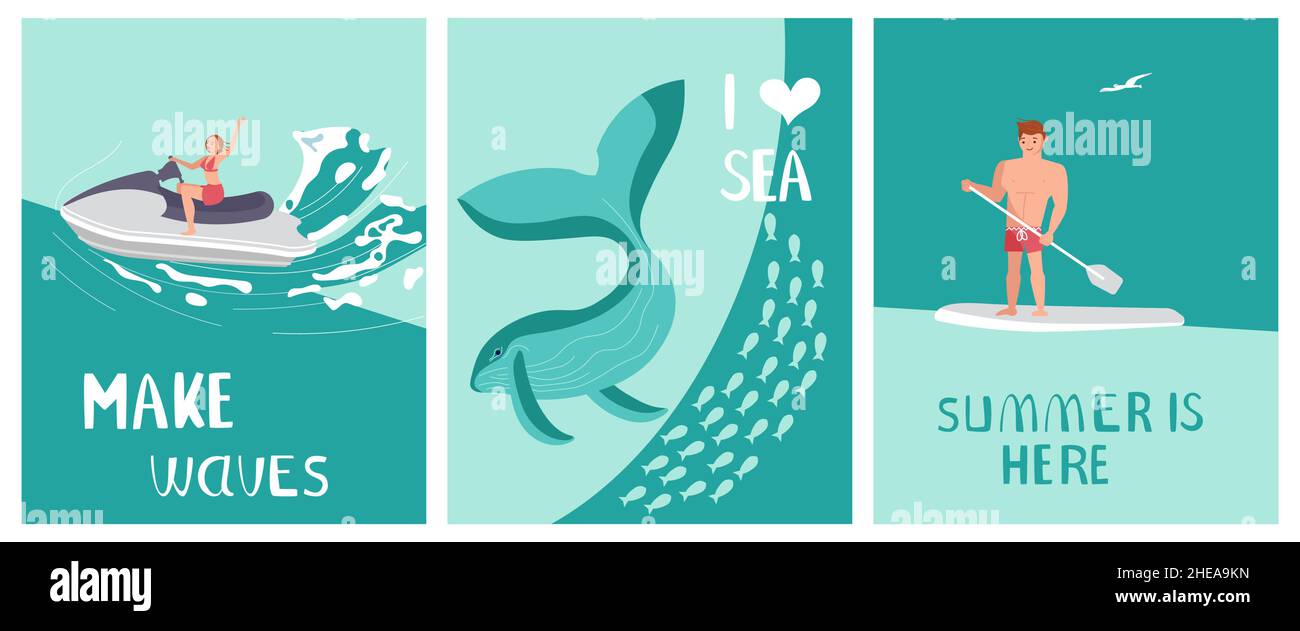 Set of Postcard I love sea in a marine style. Ocean scene with whale and Surfer rides the Wave on aquamarine background. Flat Art Vector illustration Stock Vector