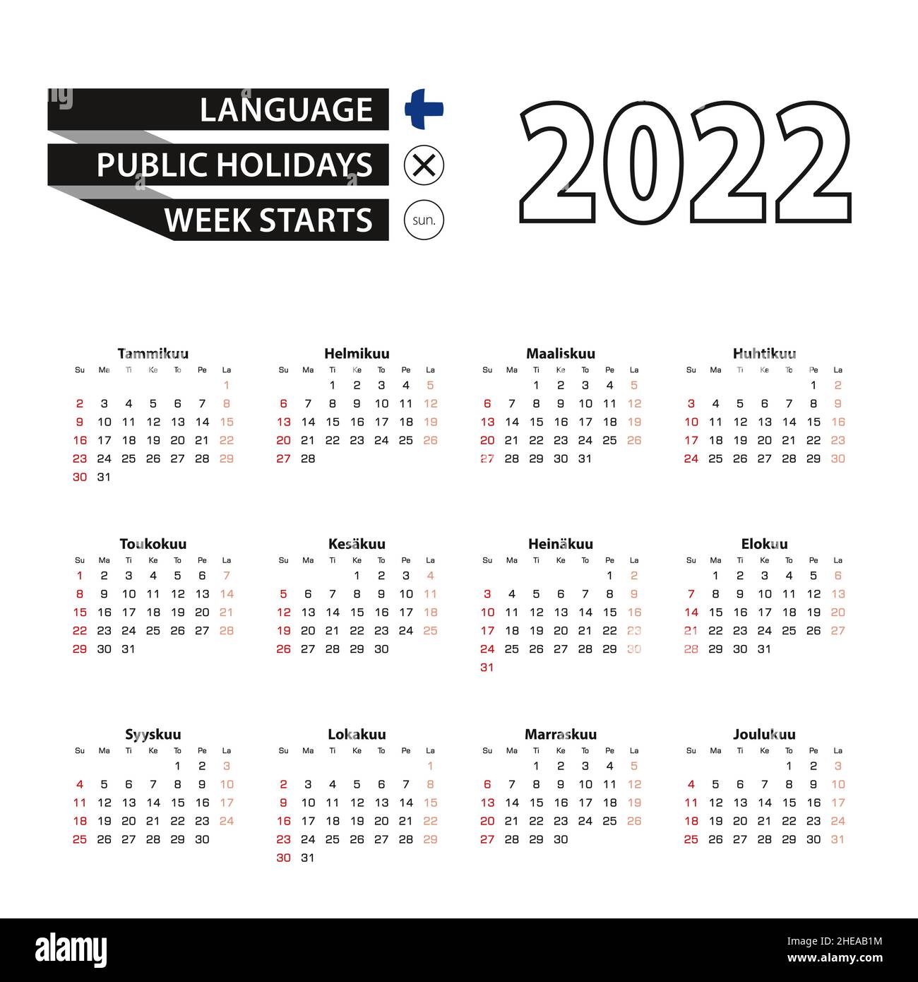 Calendar 2022 in Finnish language, week starts on Monday. Vector calendar  2022 year Stock Vector Image & Art - Alamy