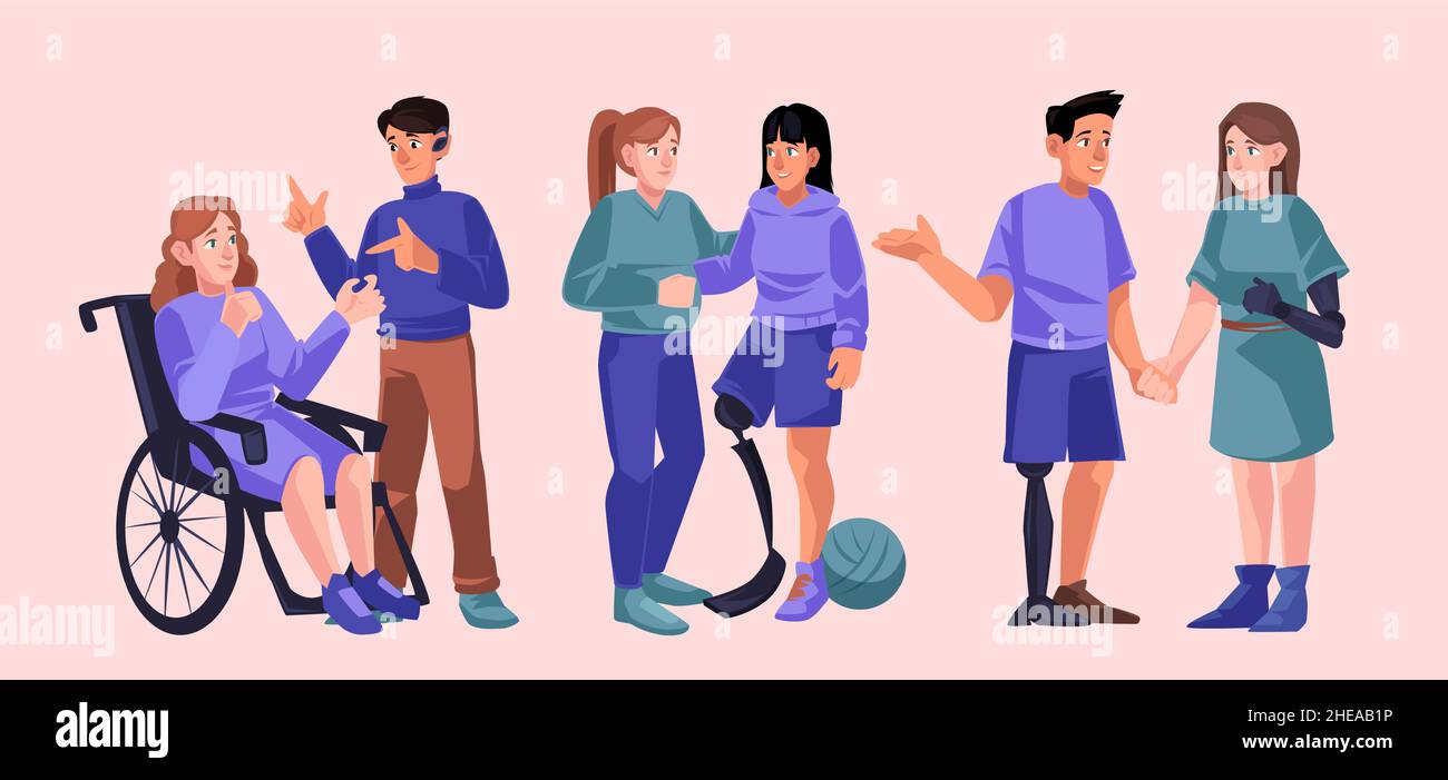 Diverse handicap people group, disabled female character on wheelchair