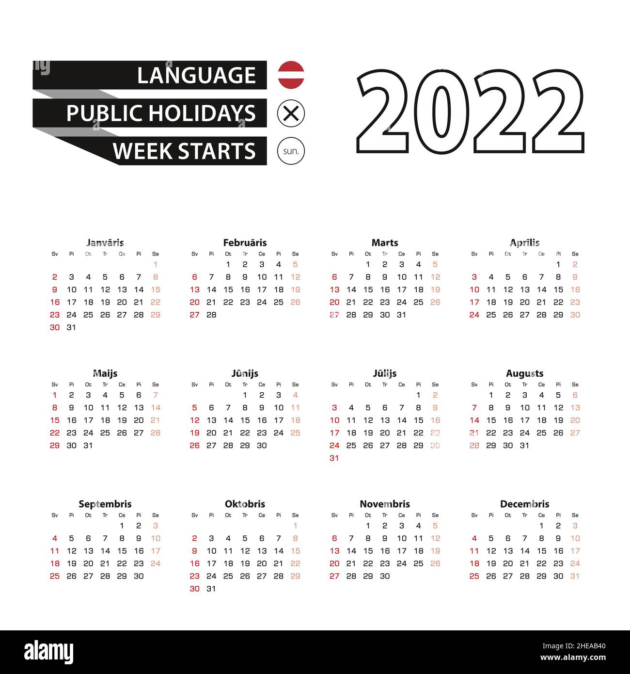 2022 calendar in Latvian language, week starts from Sunday. Vector ...