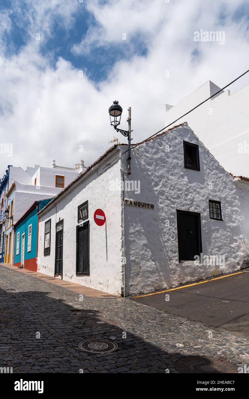 Santa Cruz de La Palma, Spain - August 13, 2021: Typical houses in the traditional La Canela Quarter in Santa Cruz de la Palma, Canary Islands, Spain Stock Photo