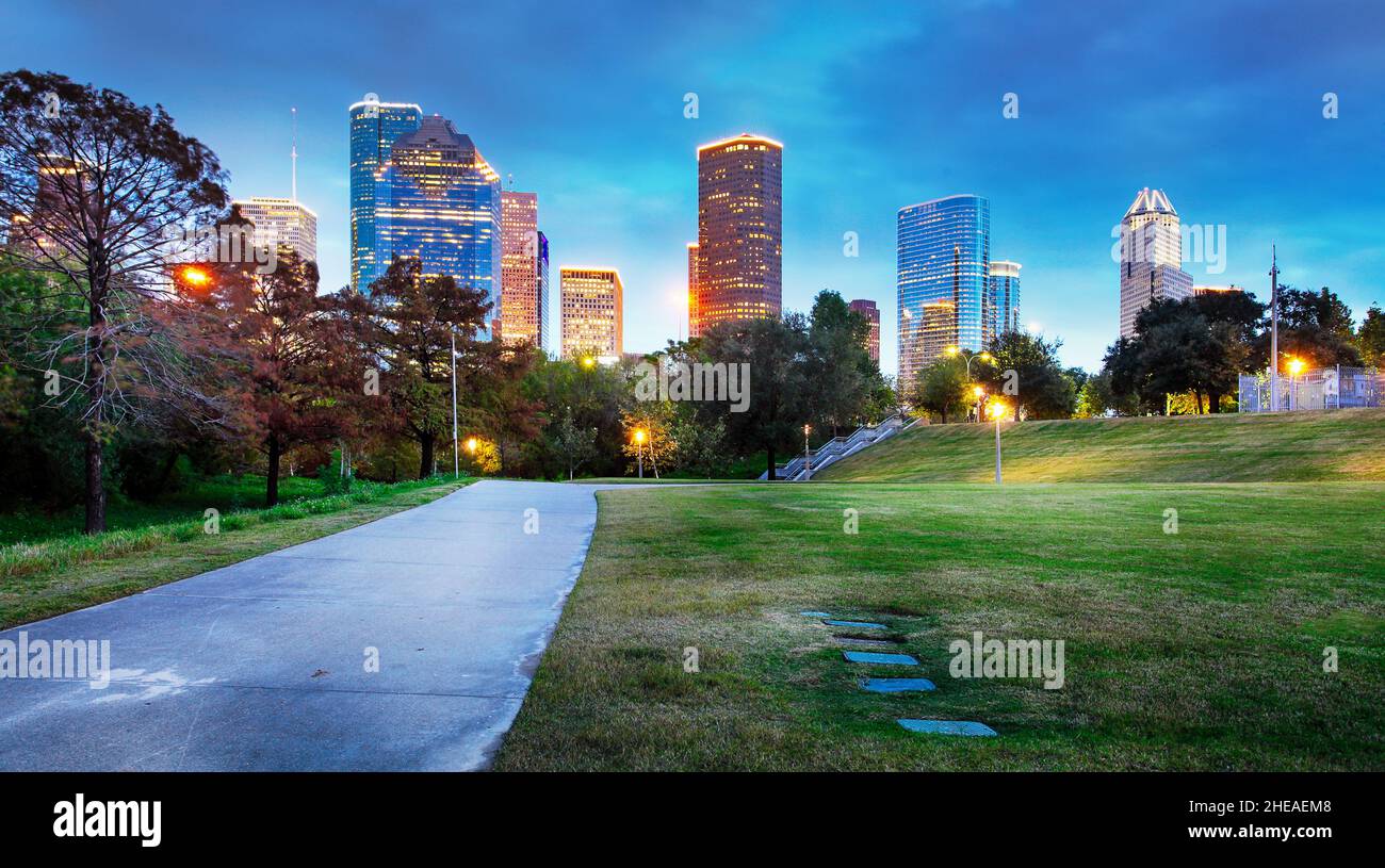 Downtown Houston skyline in Texas USA at twilight Stock Photo Alamy