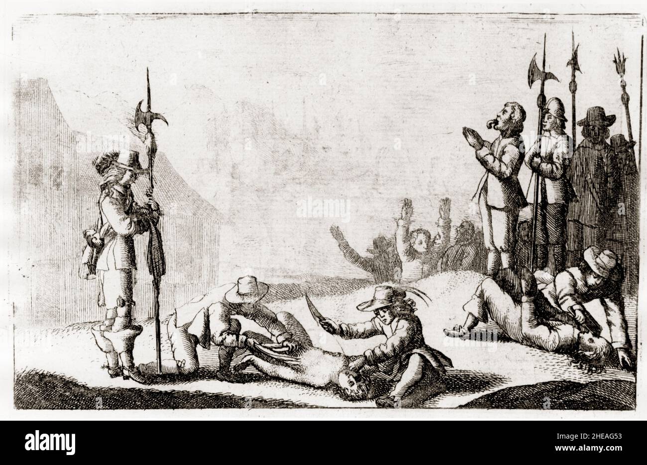 Persecution of Waldenses  - Heresie -  Les Vaudois martyrises par les Catholiques - gravure in 'L'Histoire génerale des Eglises Evangeliques des valle Stock Photo