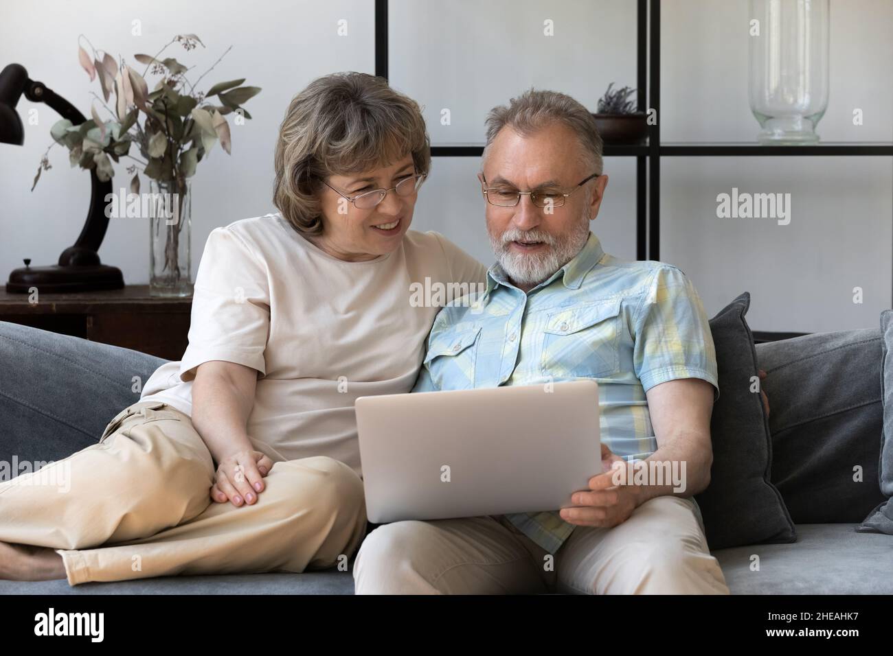 Happy affectionate old couple using laptop at home. Stock Photo