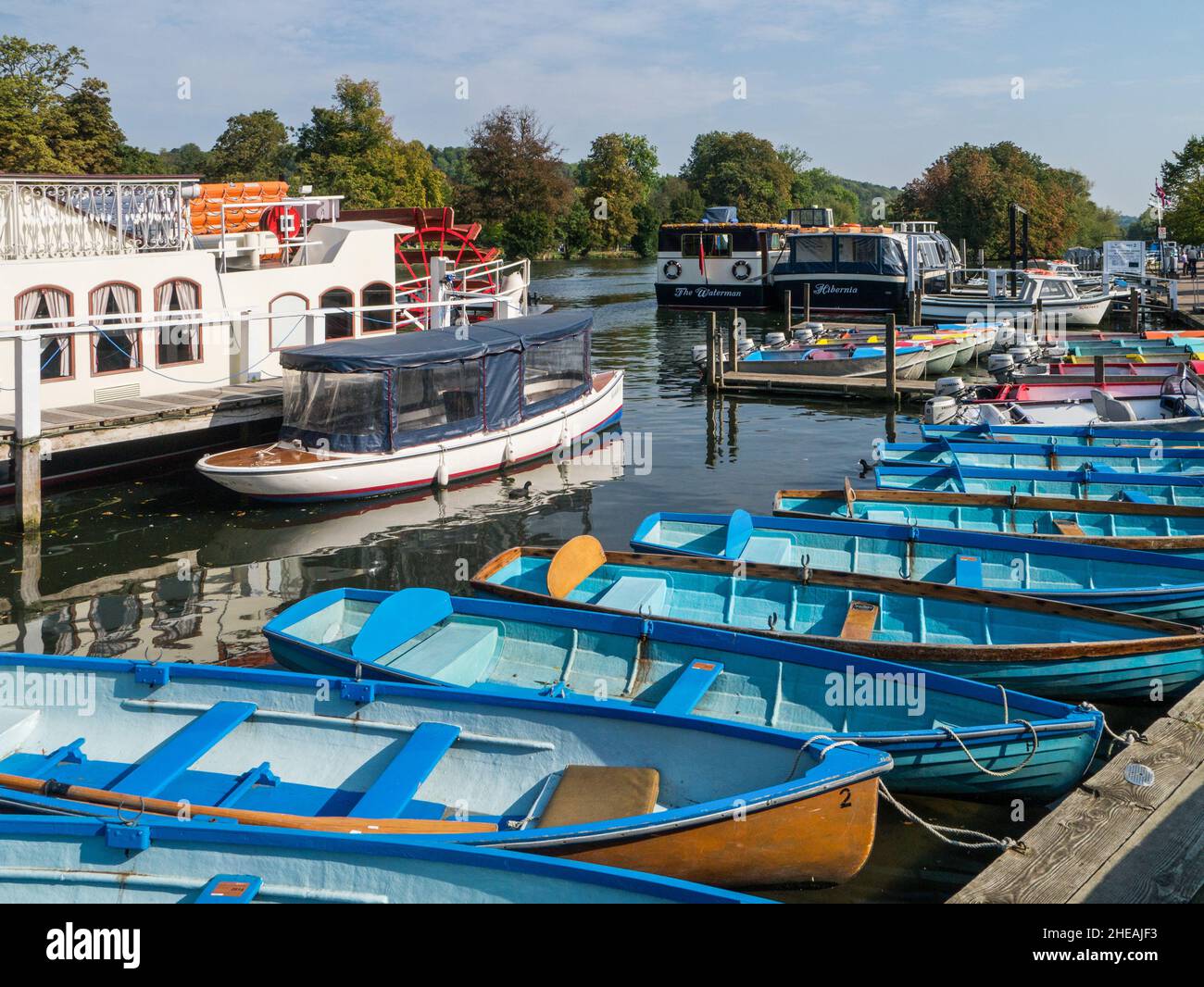 Colourful riverside scene with blue rowing boats, River Thames, Henley On Thames, Oxfordshire, UK Stock Photo