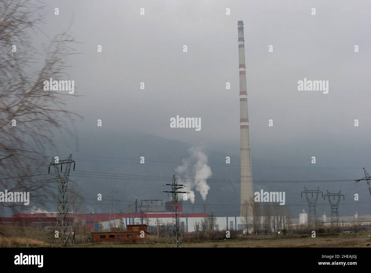 Industrial pollution from a factory and power plant Stock Photo