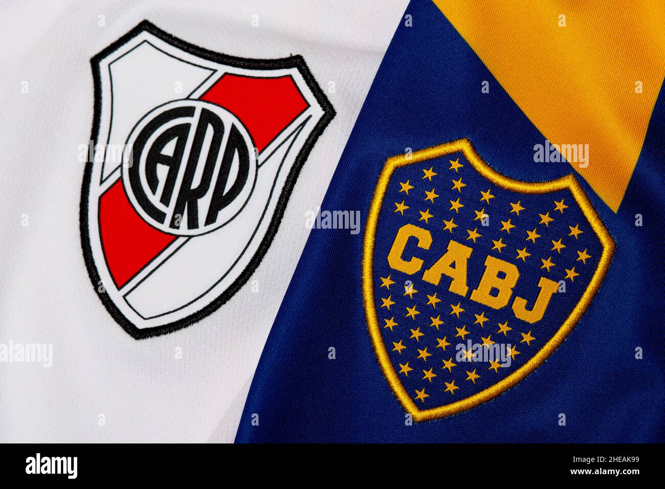 Close up of Boca Juniors and River Plate football jersey. Superclásico is the football match in Argentina between Buenos Aires rivals Boca and River. Stock Photo