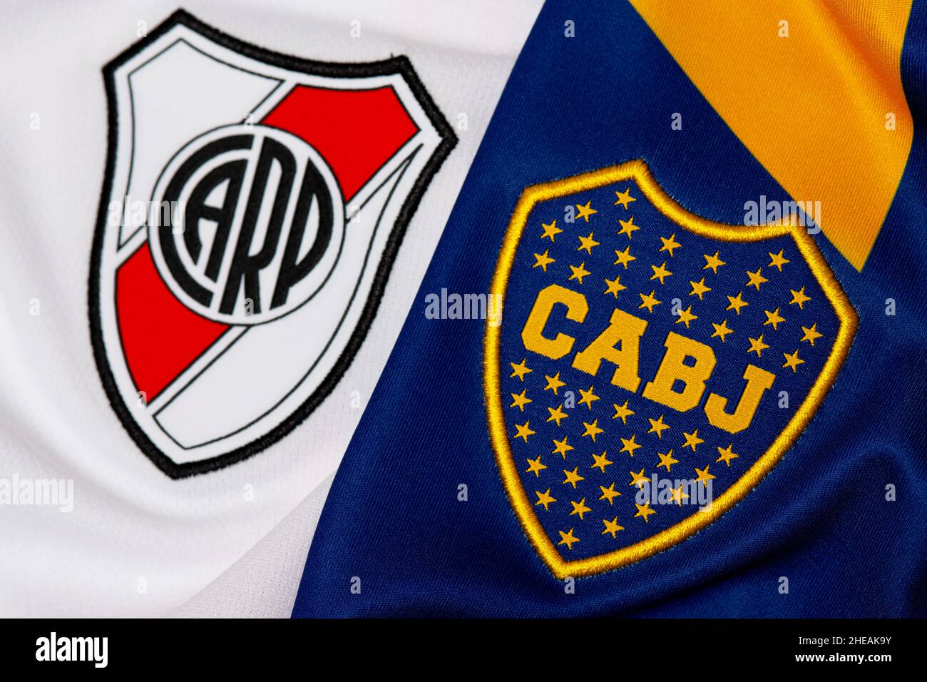 Close up of Boca Juniors and River Plate football jersey. Superclásico is the football match in Argentina between Buenos Aires rivals Boca and River. Stock Photo