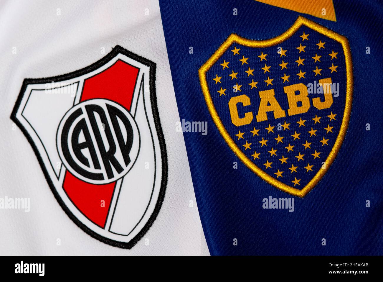 Close up of Boca Juniors and River Plate football jersey. Superclásico is the football match in Argentina between Buenos Aires rivals Boca and River. Stock Photo