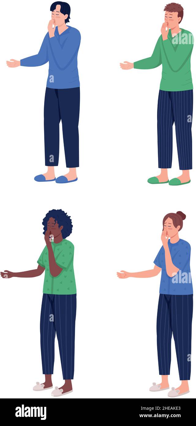 Yawning person semi flat color vector character set Stock Vector
