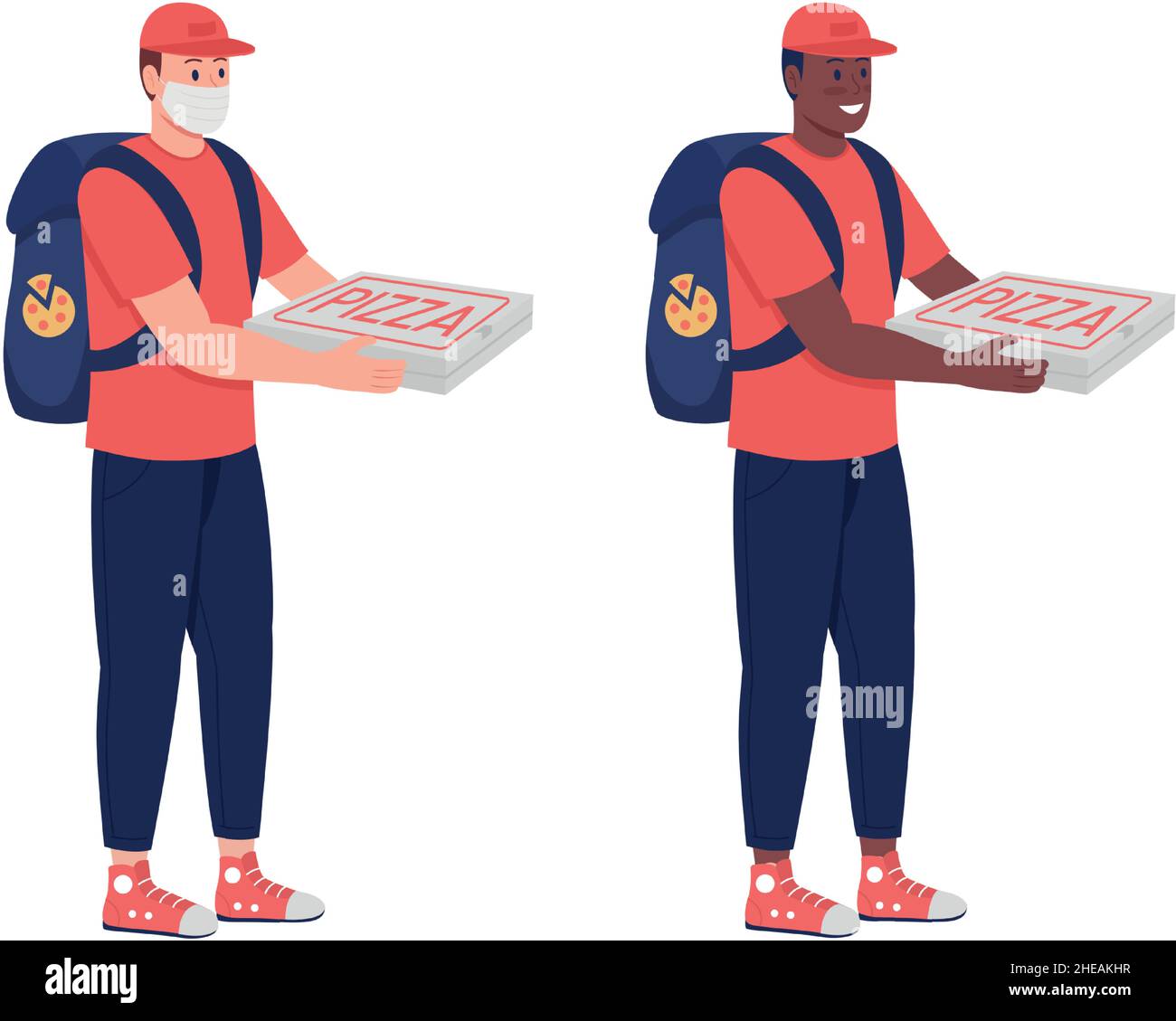Courier with pizza semi flat color vector character set Stock Vector