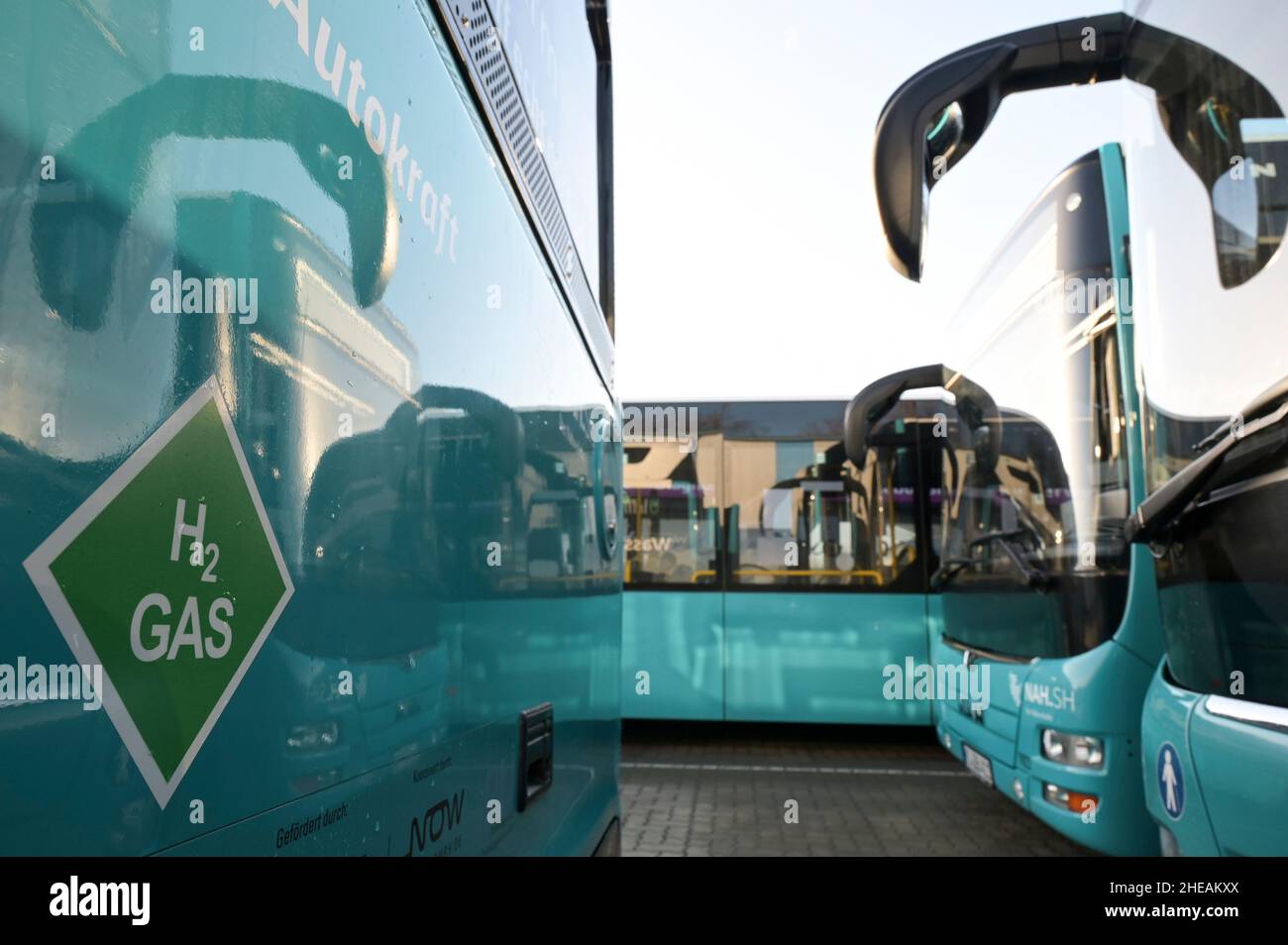 GERMANY, Niebuell, Caetano Bus powered with hydrogen fuel, the public transport bus is operated by DB Autokraft, the green hydrogen is processed in a plant of GP Joule with power from wind farms in the region Stock Photo