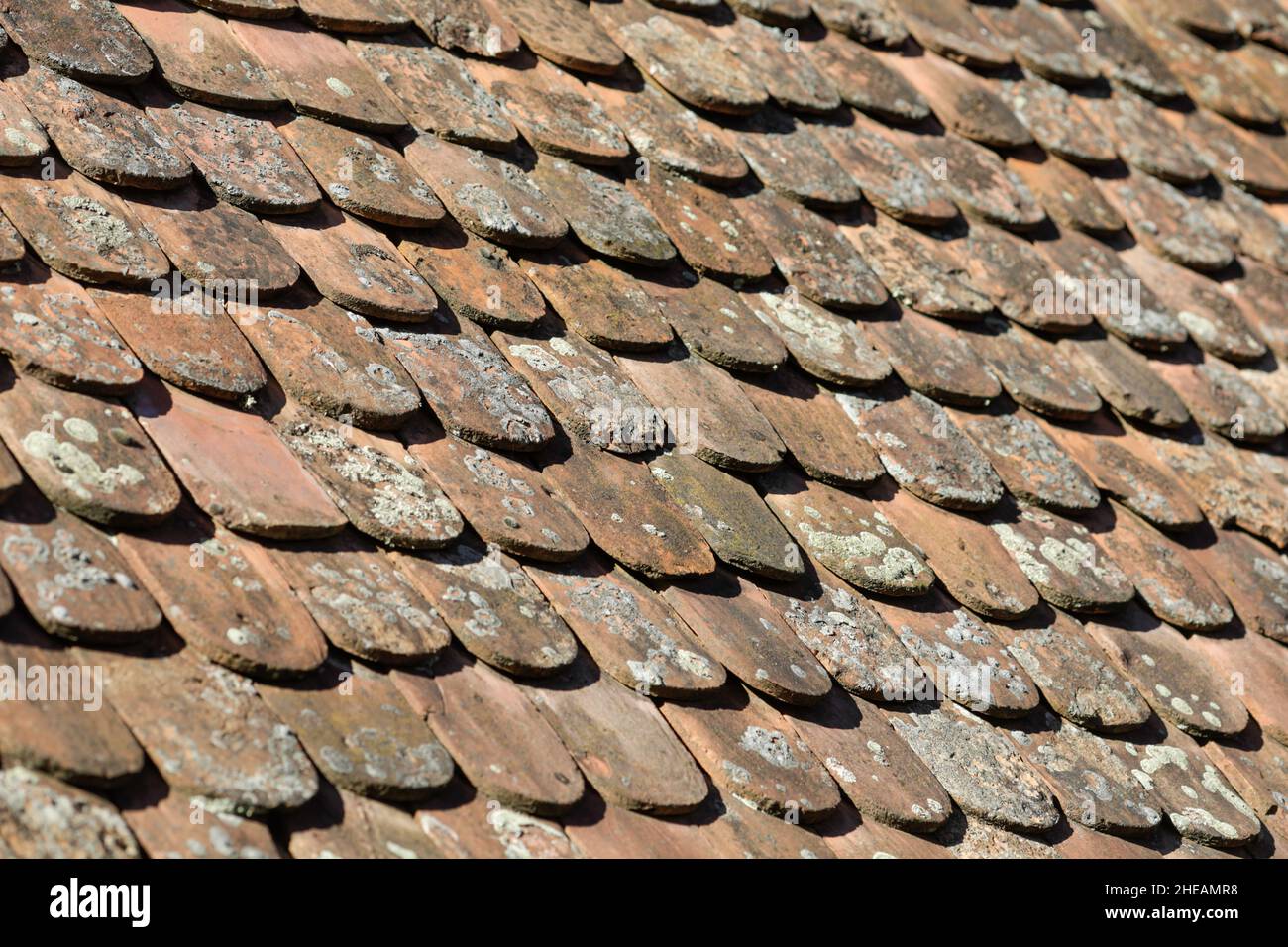 Shallow depth of field (selective focus) details of Transylvanian saxon traditional clay tiles. Stock Photo