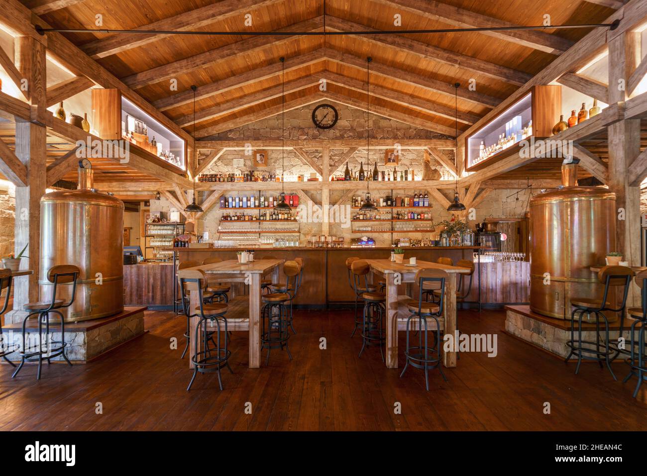 Interior of modern restaurant and bar with wooden ceiling Stock Photo