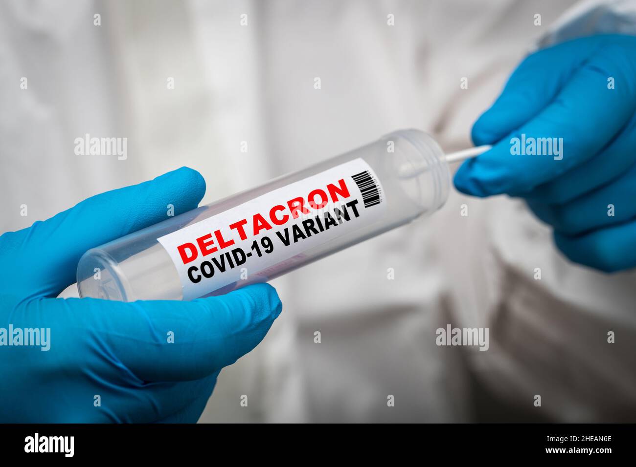Deltacron Covid 19 variant swab test. Deltacron is believed to be a new strain of Covid combining the Omicron and Delta variants. Stock Photo