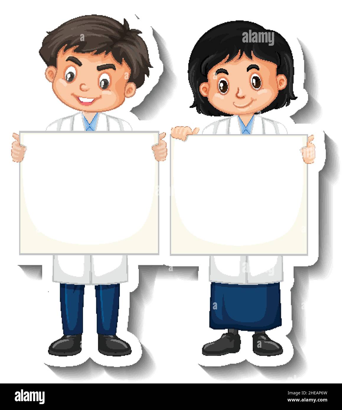 Scientist couple kids holding board empty cartoon character sticker ...