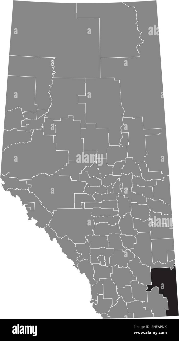 Black flat blank highlighted location map of the CYPRESS COUNTY municipal district inside gray administrative map of the Canadian province of Alberta, Stock Vector