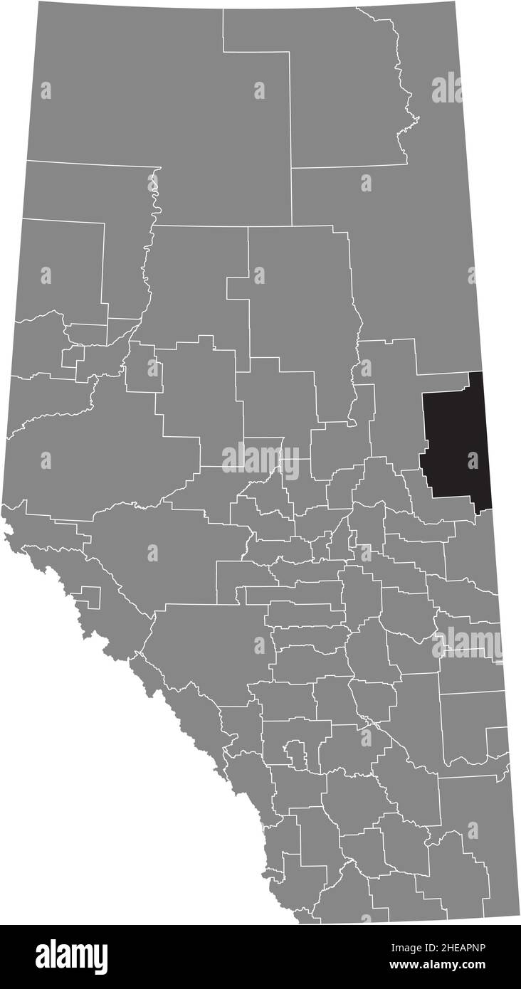 Black flat blank highlighted location map of the BONNYVILLE NO. 87 municipal district inside gray administrative map of the Canadian province of Alber Stock Vector