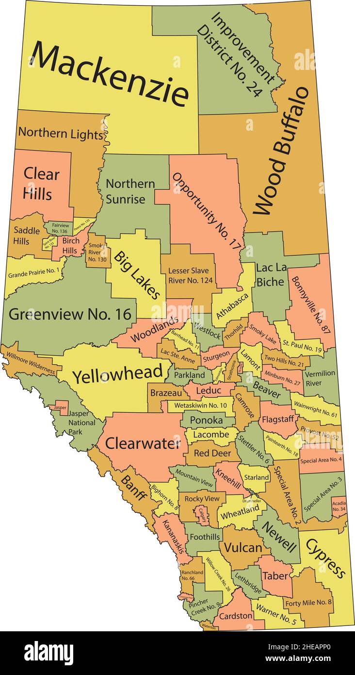 Pastel flat vector administrative map of Canadian province of ALBERTA, CANADA with black border lines and name tags of its municipal districts, specia Stock Vector