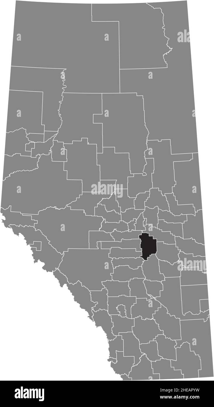 Black flat blank highlighted location map of the CAMROSE COUNTY municipal district inside gray administrative map of the Canadian province of Alberta, Stock Vector