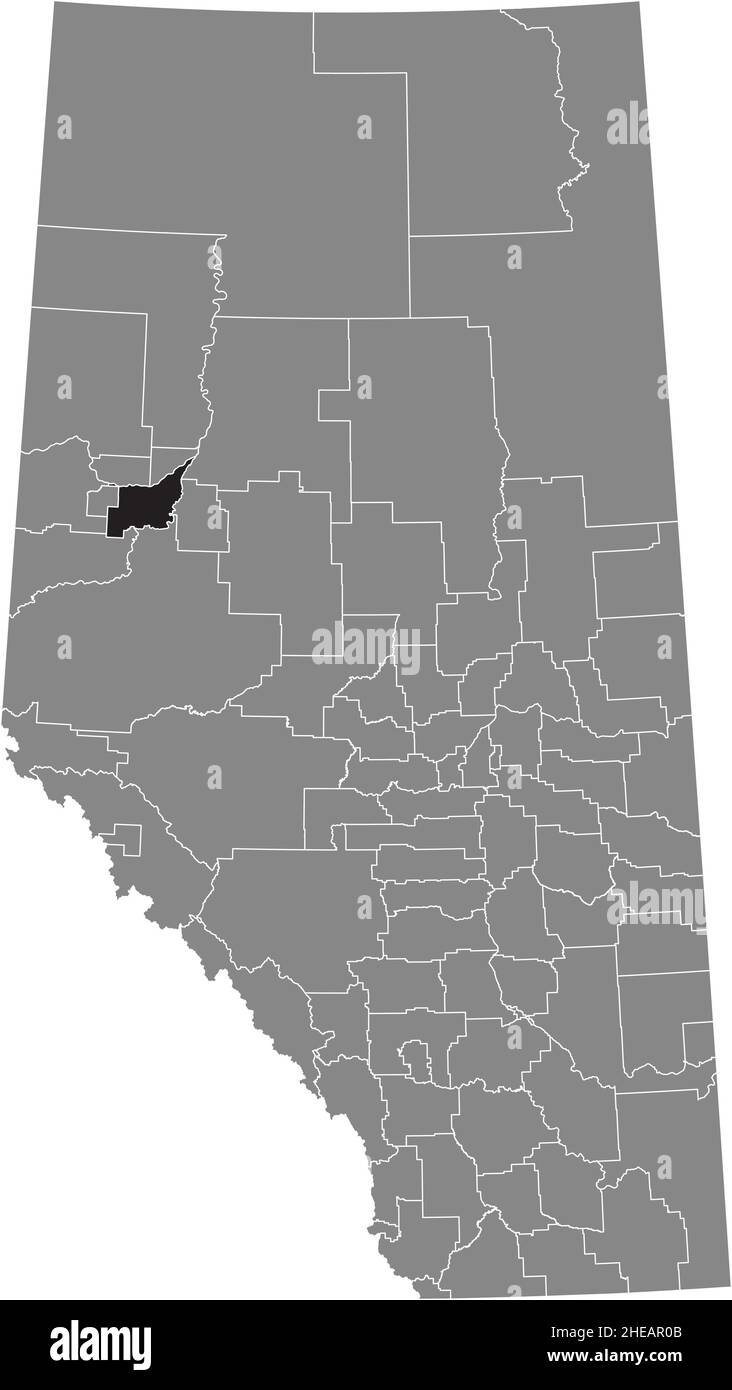 Black flat blank highlighted location map of the BIRCH HILLS COUNTY municipal district inside gray administrative map of the Canadian province of Albe Stock Vector