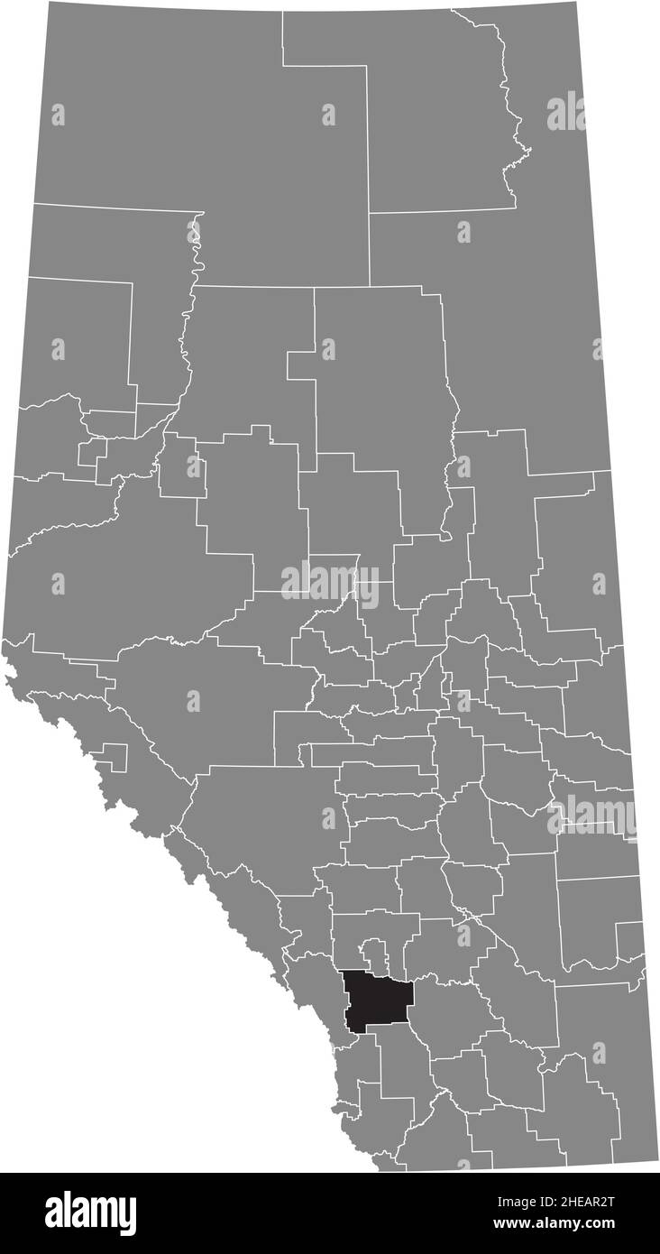 Black flat blank highlighted location map of the FOOTHILLS COUNTY municipal district inside gray administrative map of the Canadian province of Albert Stock Vector