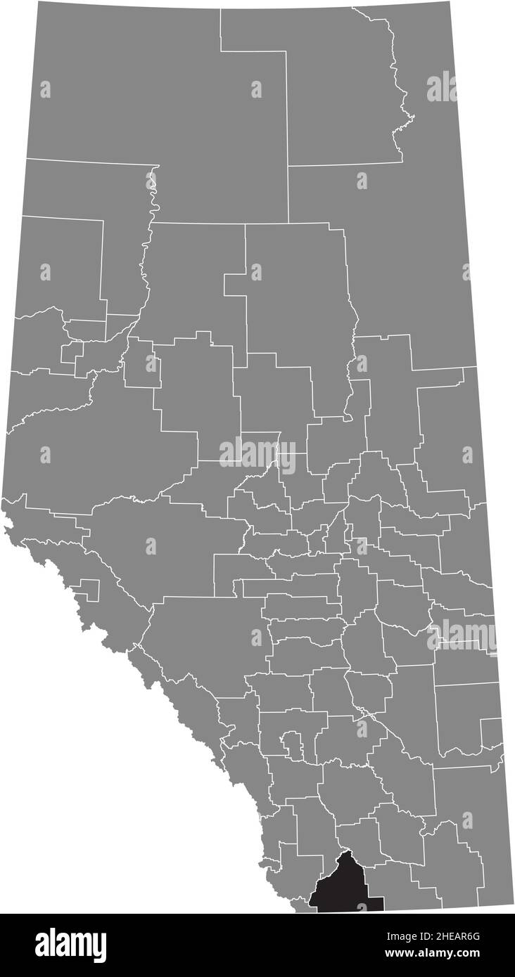 Black flat blank highlighted location map of the CARDSTON COUNTY municipal district inside gray administrative map of the Canadian province of Alberta Stock Vector