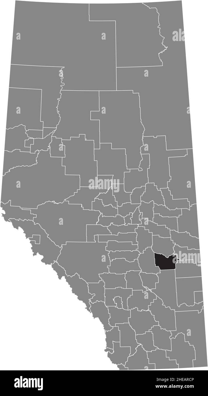 Black flat blank highlighted location map of the COUNTY OF PAINTEARTH NO. 18 municipal district inside gray administrative map of the Canadian provinc Stock Vector