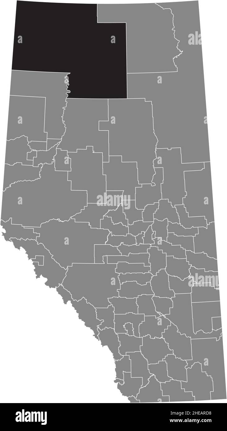 Black flat blank highlighted location map of the MACKENZIE COUNTY specialized municipality inside gray administrative map of the Canadian province of Stock Vector