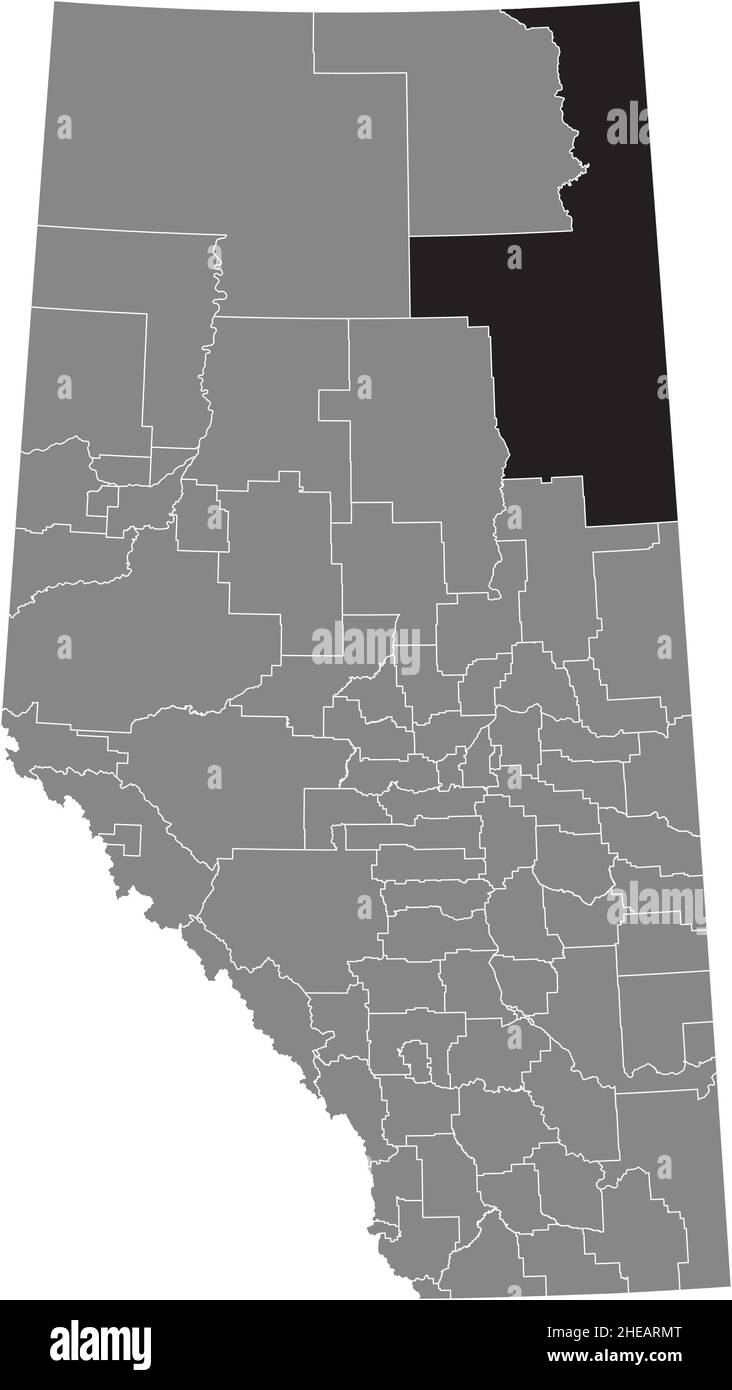 Black flat blank highlighted location map of the WOOD BUFFALO regional specialized municipality inside gray administrative map of the Canadian provinc Stock Vector
