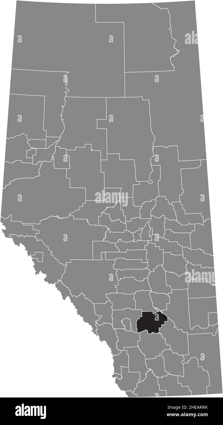 Black flat blank highlighted location map of the WHEATLAND COUNTY municipal district inside gray administrative map of the Canadian province of Albert Stock Vector