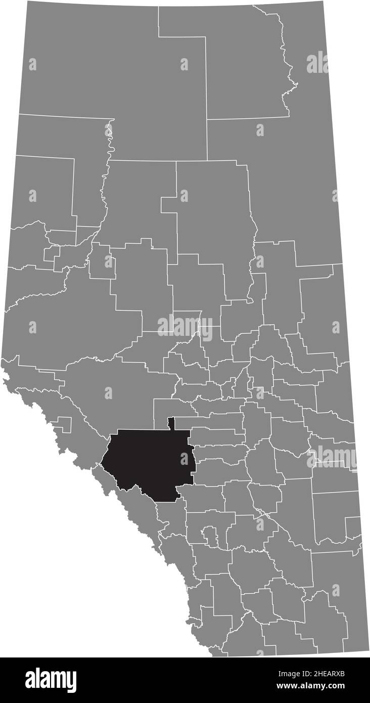 Black flat blank highlighted location map of the CLEARWATER COUNTY municipal district inside gray administrative map of the Canadian province of Alber Stock Vector