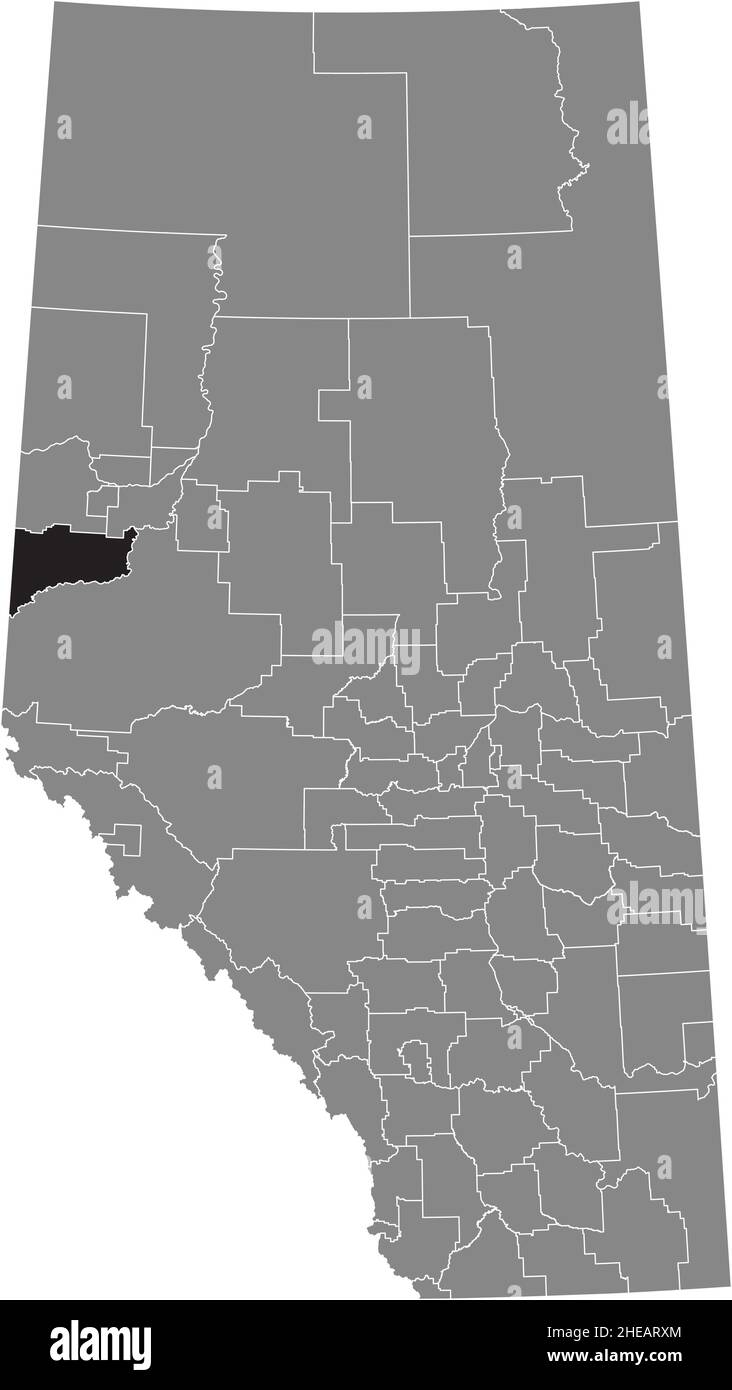 Black flat blank highlighted location map of the COUNTY OF GRANDE PRAIRIE NO. 1 municipal district inside gray administrative map of the Canadian prov Stock Vector