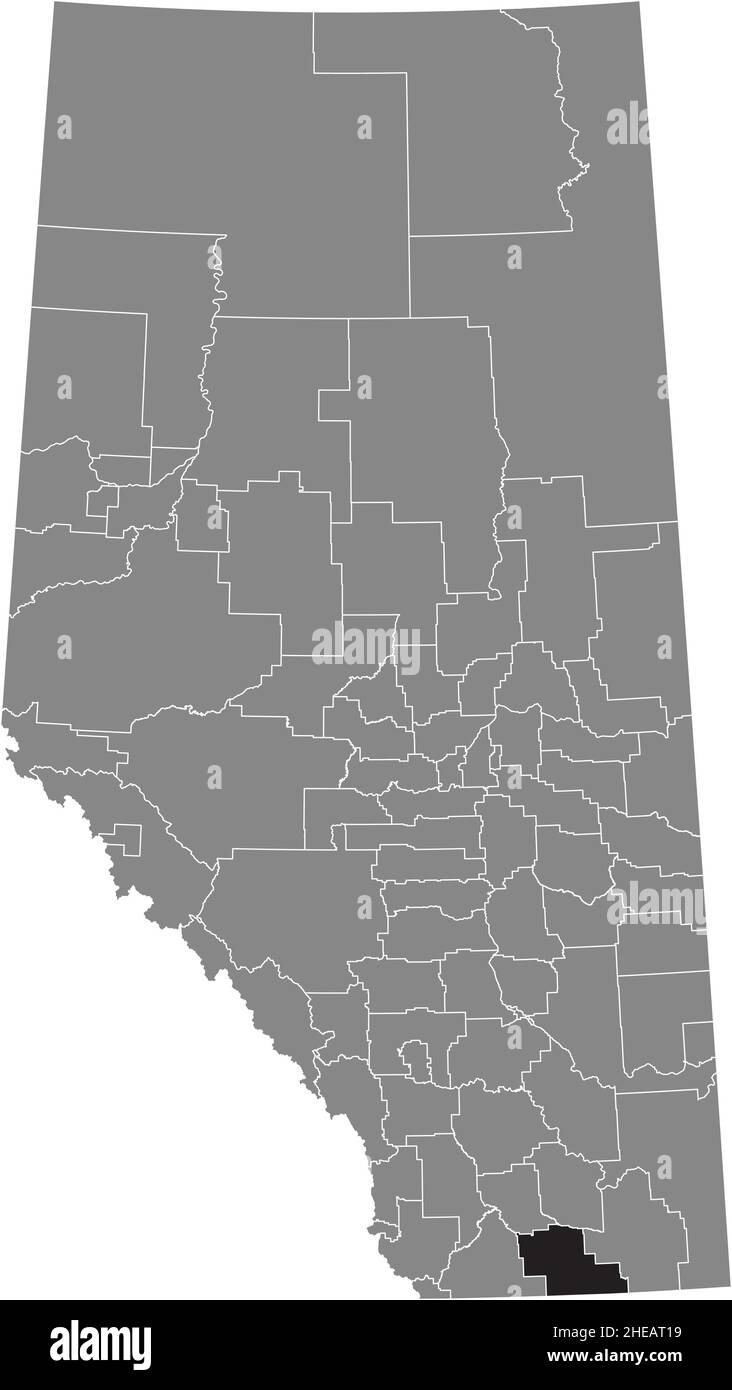 Black flat blank highlighted location map of the COUNTY OF WARNER NO. 5 municipal district inside gray administrative map of the Canadian province of Stock Vector