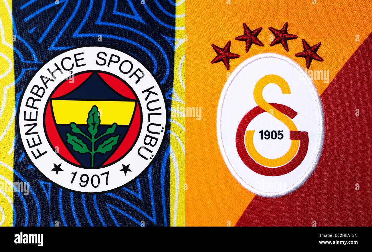 Close up of Fenerbahce and Galatasaray home jersey. The Intercontinental Derby is any football match between rivals Fenerbahçe SK and Galatasaray SK. Stock Photo