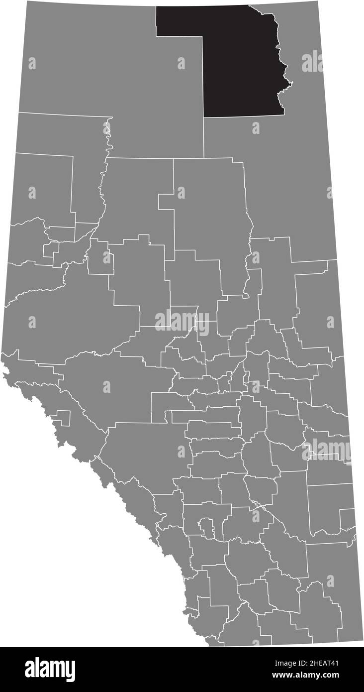 Black flat blank highlighted location map of the IMPROVEMENT DISTRICT NO. 24 (WOOD BUFFALO) inside gray administrative map of the Canadian province of Stock Vector