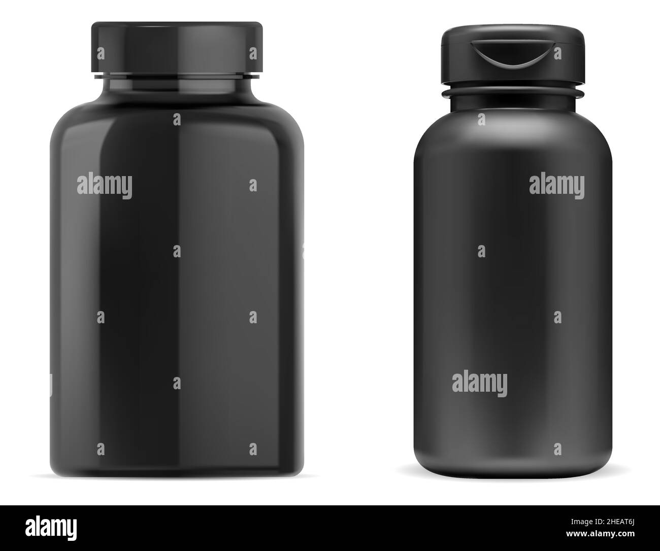 Black pill bottle. Black plastic supplement pill jar, vitamin capsule