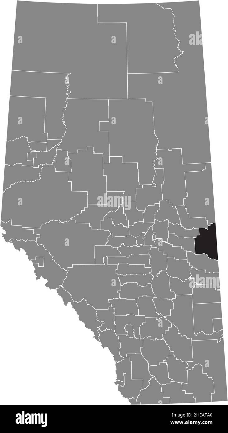 Black flat blank highlighted location map of the COUNTY OF VERMILION RIVER municipal district inside gray administrative map of the Canadian province Stock Vector