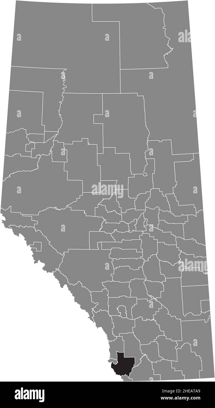Black flat blank highlighted location map of the PINCHER CREEK NO. 9 municipal district inside gray administrative map of the Canadian province of Alb Stock Vector