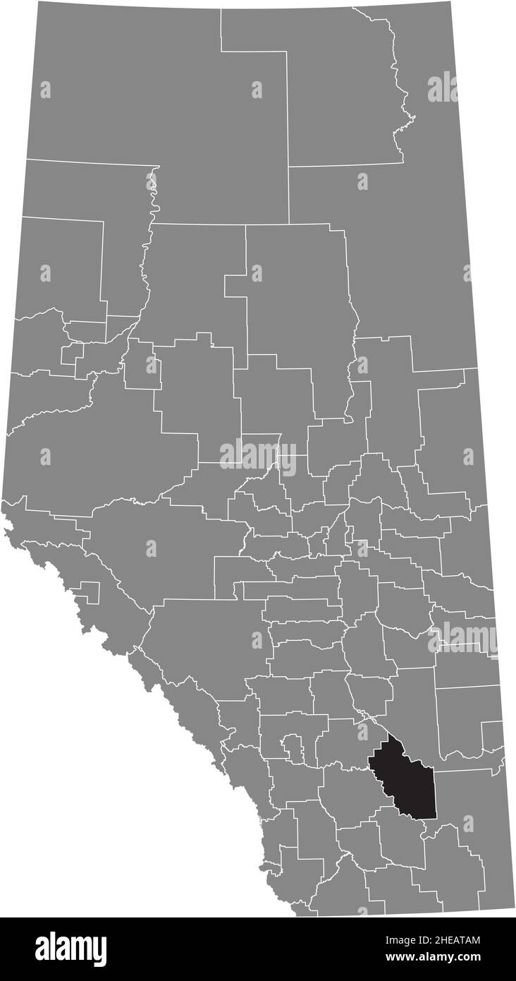 Black flat blank highlighted location map of the COUNTY OF NEWELL municipal district inside gray administrative map of the Canadian province of Albert Stock Vector